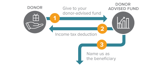 This diagram represents how to make a gift of donor-advised fund â€“ a gift that costs nothing during lifetime.